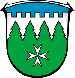 Das Bild zeigt das Wappen der Gemeinde Burgwald
Das Wappen zeigt unter blauem Zinnenschildhaupt zu sieben Zinnen im von Silber und Grün im Tannenschnitt zu vier Spitzen mit je zwei Ästen geteilten Schild unten ein silbernes Johanniterkreuz.